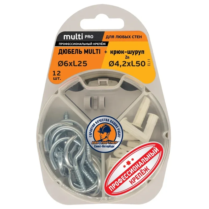Дюбель ЕВРОПАРТНЕР MULTI 6 + крюк-шуруп d4.2ХL50ZN 12шт. RB20146
