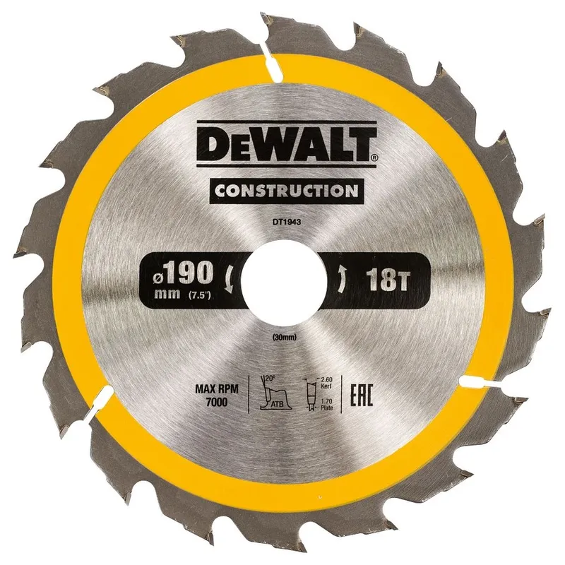 Диск пильный по дереву DeWALT "CONSTRUCTION" 18T 190х30мм DT1943-QZ
